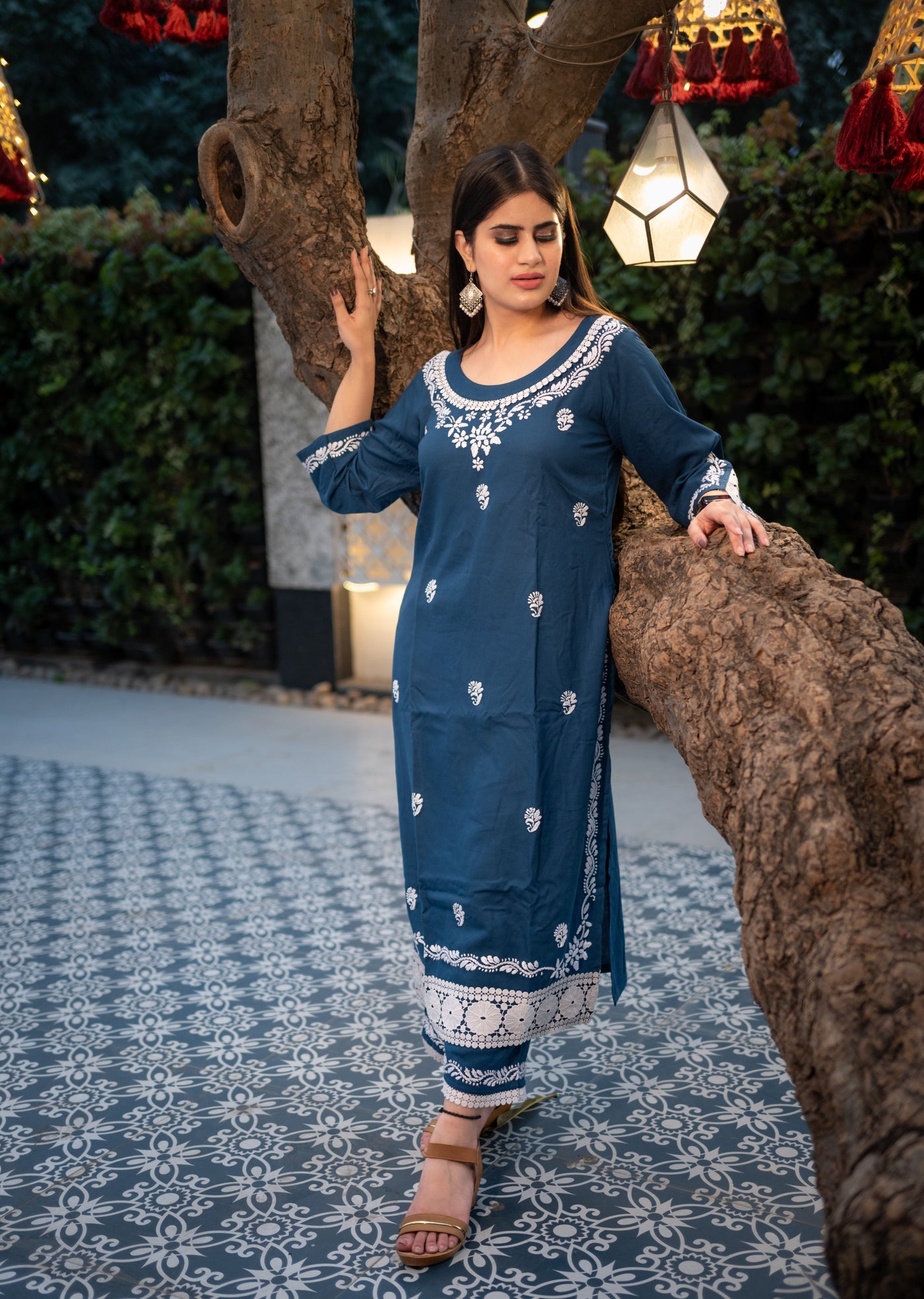 Peacock Blue Rayon Chikankari Kurta Pant Set