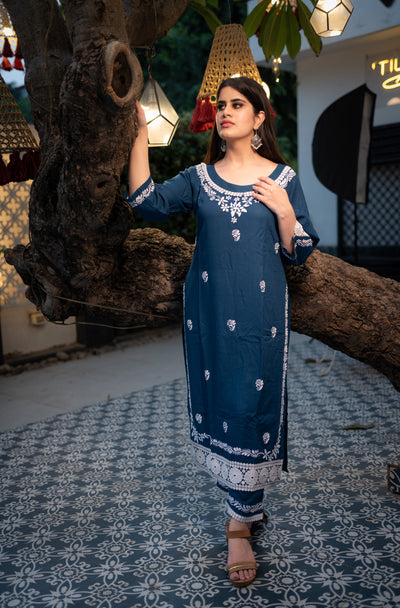 Peacock Blue Rayon Chikankari Kurta Pant Set