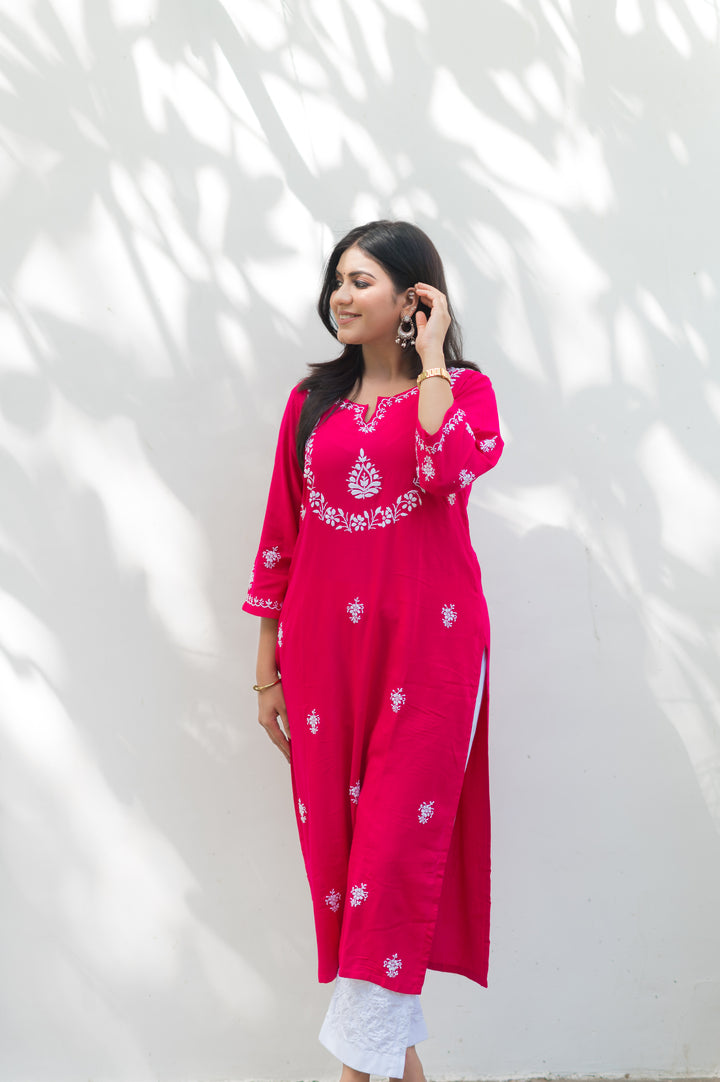 Rani Pink Rayon Chikankari Kurta-Custom Made