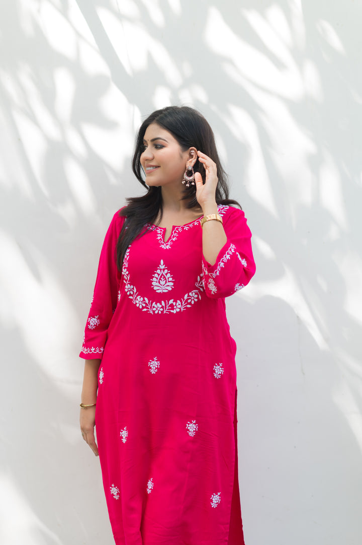Rani Pink Rayon Chikankari Kurta-Custom Made