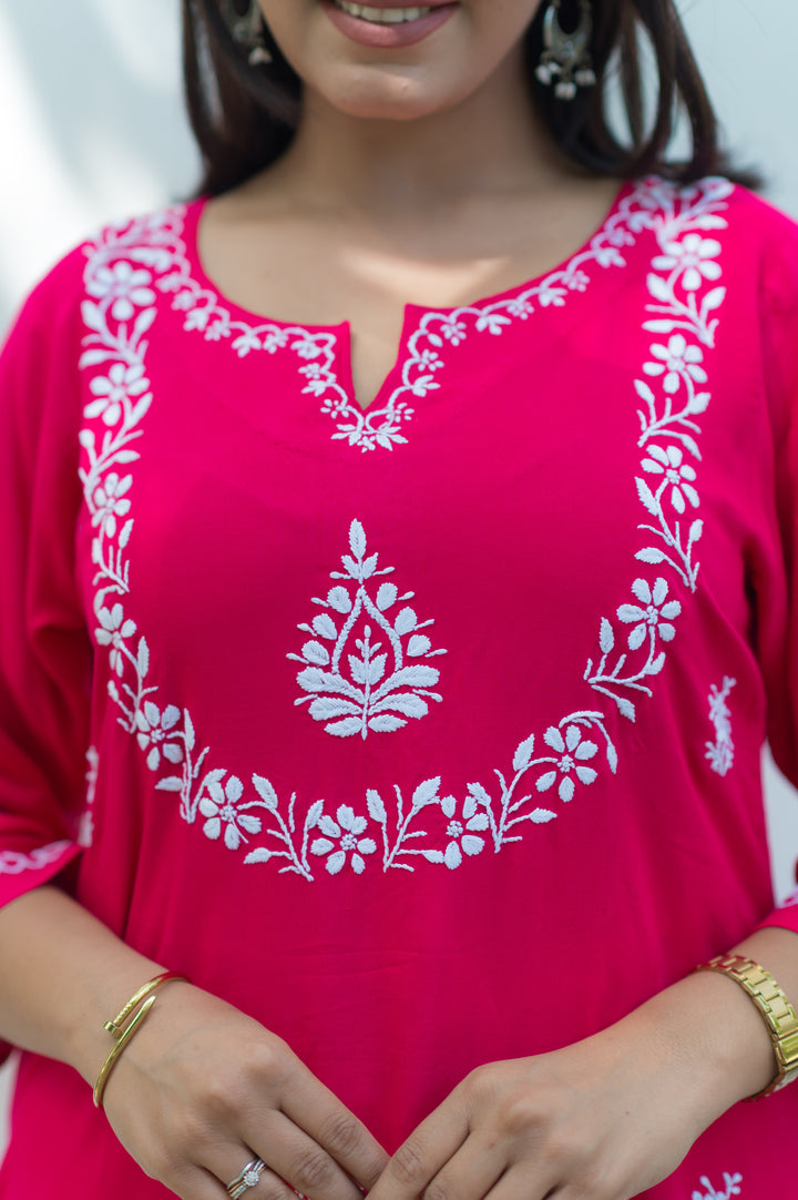 Rani Pink Rayon Chikankari Kurta-Custom Made