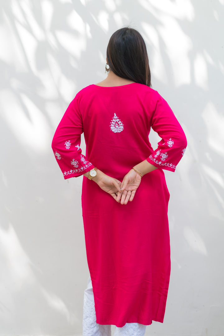 Rani Pink Rayon Chikankari Kurta-Custom Made
