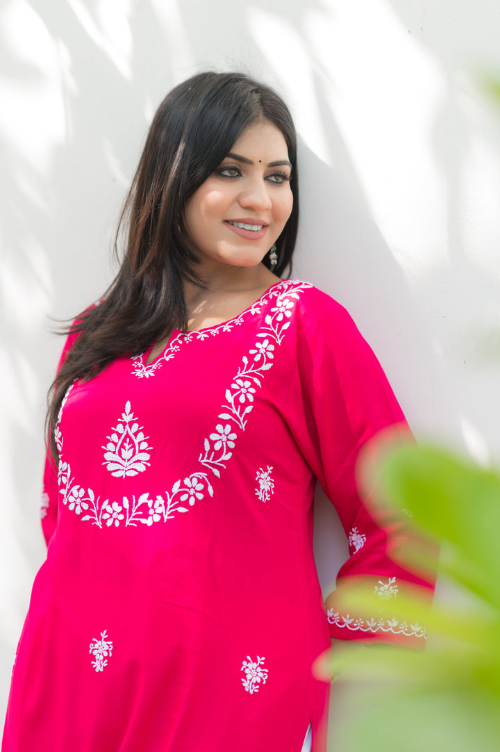 Rani Pink Rayon Chikankari Kurta-Custom Made