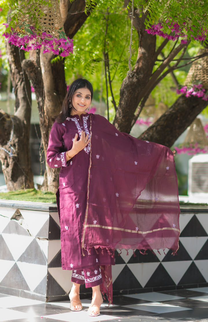 Wine Chanderi Chikankari Suit Set -Custom Made