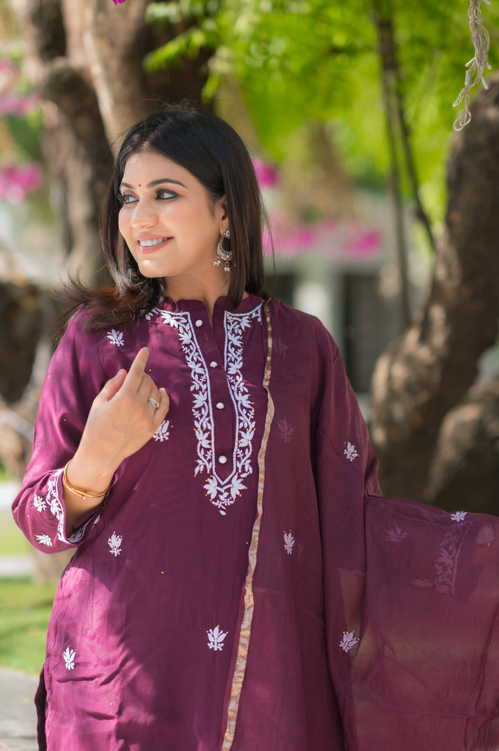 Wine Chanderi Chikankari Suit Set -Custom Made
