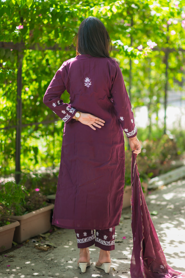 Wine Chanderi Chikankari Suit Set -Custom Made