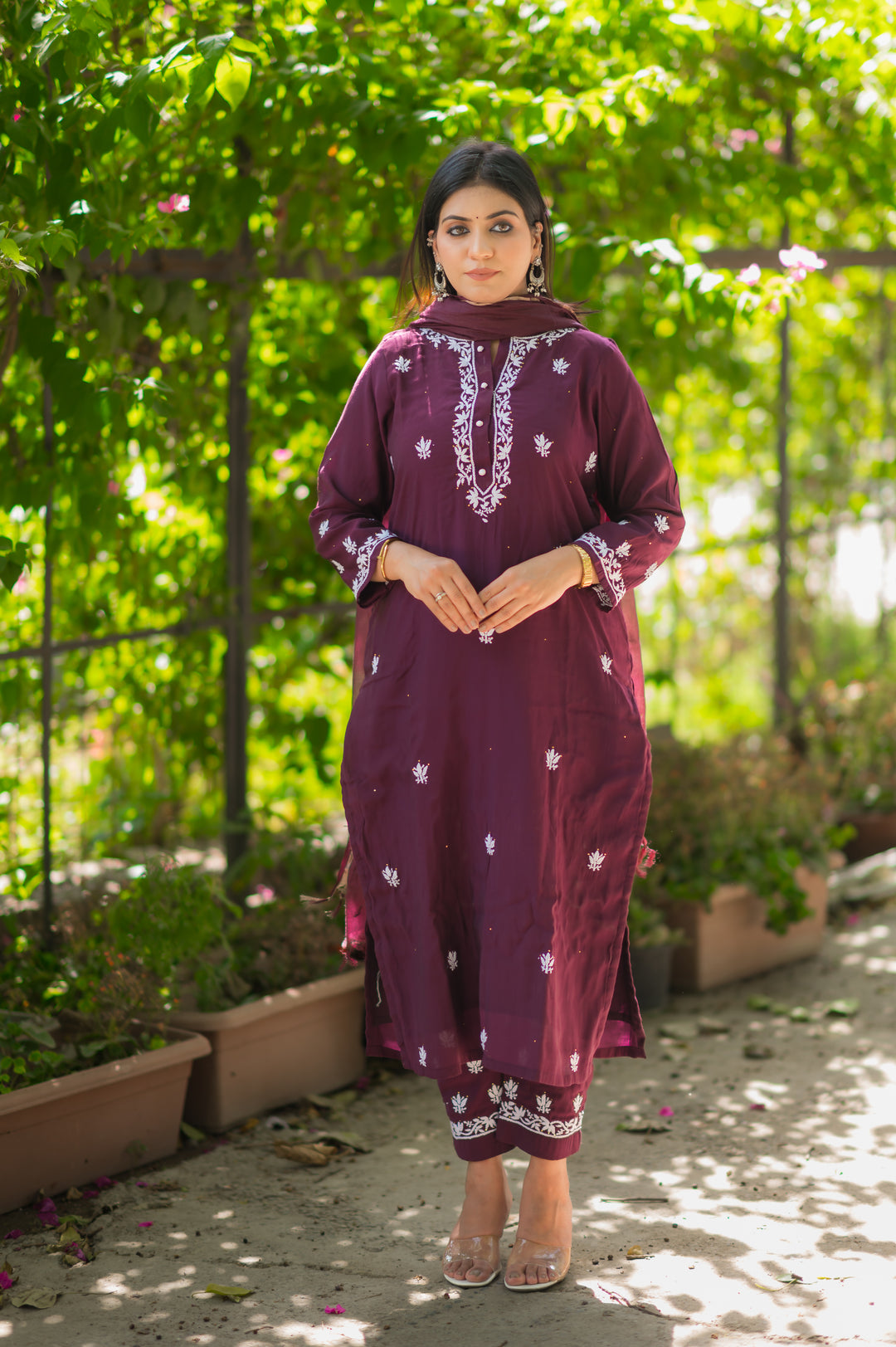 Wine Chanderi Chikankari Suit Set -Custom Made