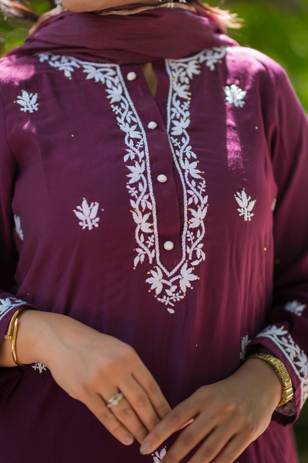 Wine Chanderi Chikankari Suit Set -Custom Made