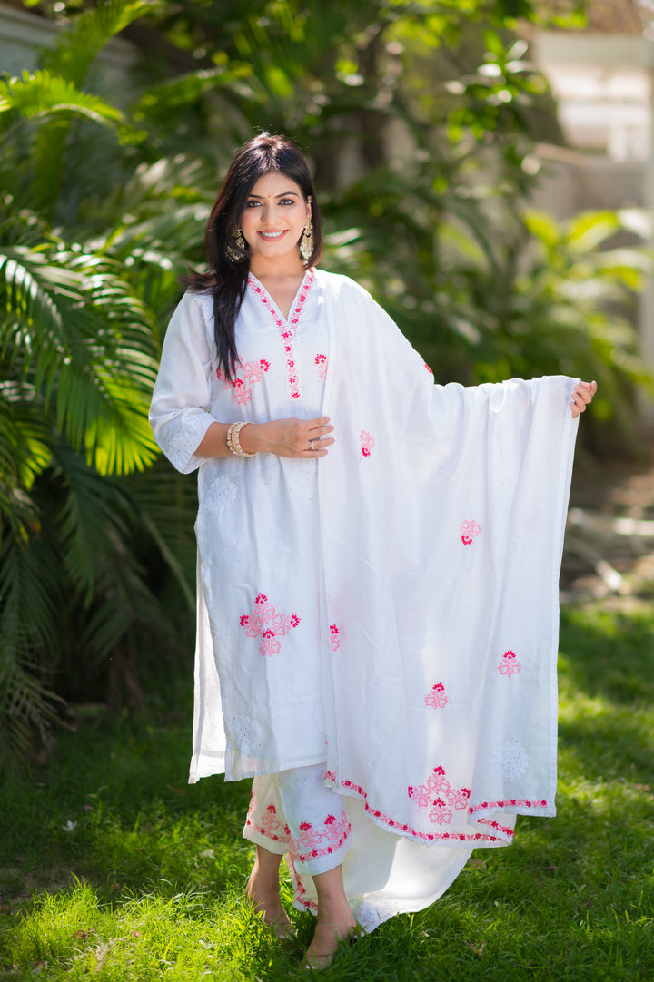 White Chanderi Chikankari Suit Set -Custom Made