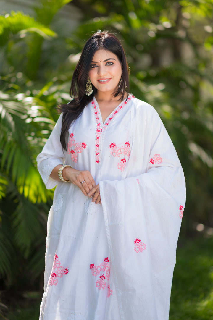 White Chanderi Chikankari Suit Set -Custom Made