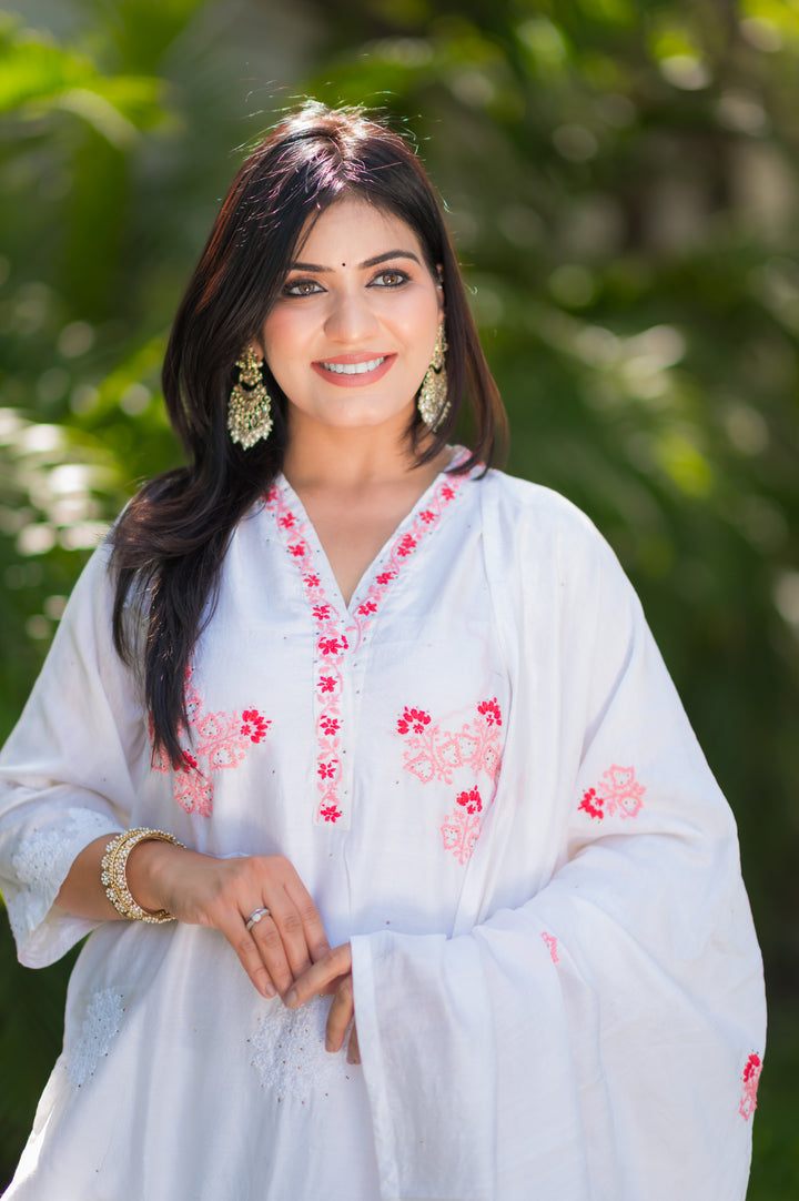 White Chanderi Chikankari Suit Set -Custom Made