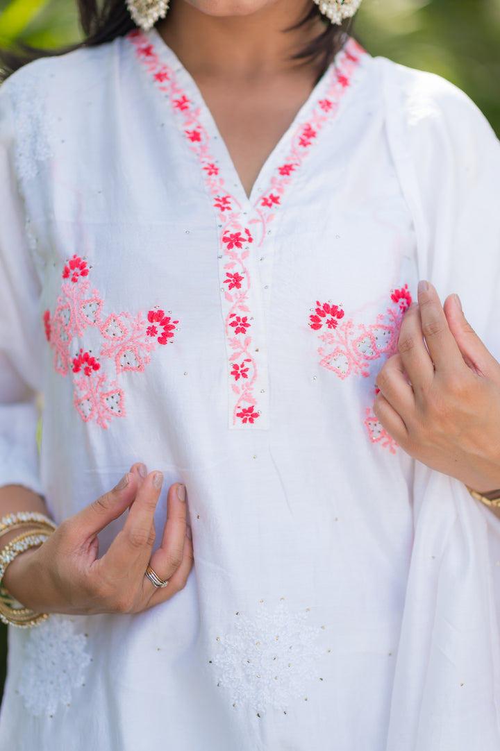 White Chanderi Chikankari Suit Set -Custom Made