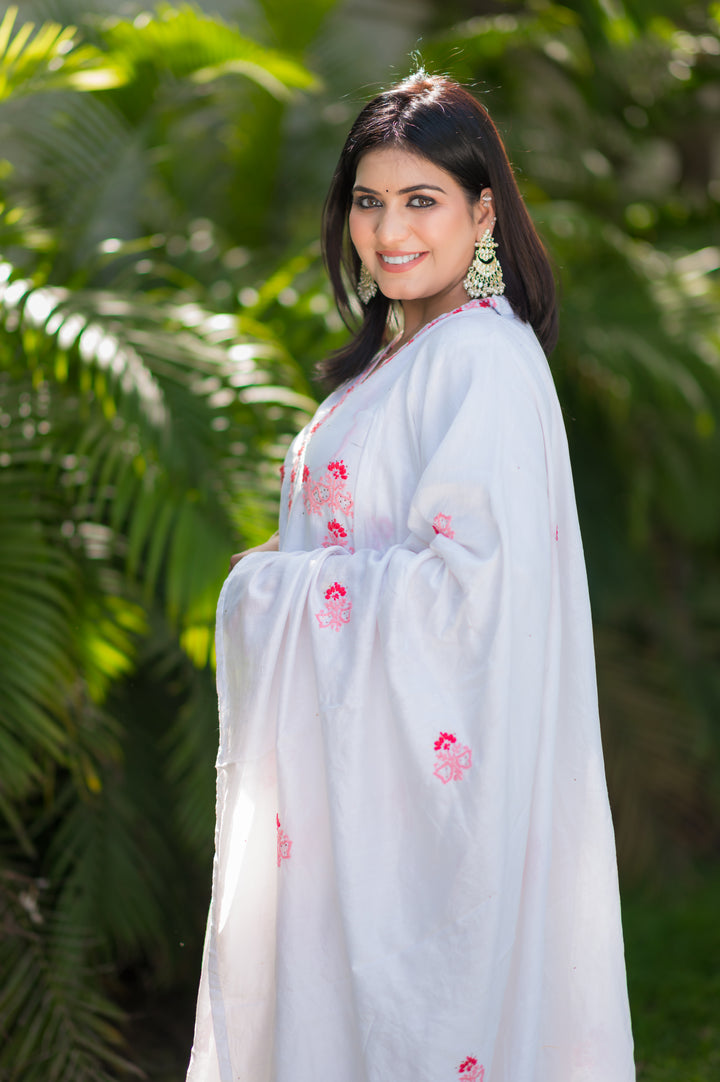 White Chanderi Chikankari Suit Set -Custom Made