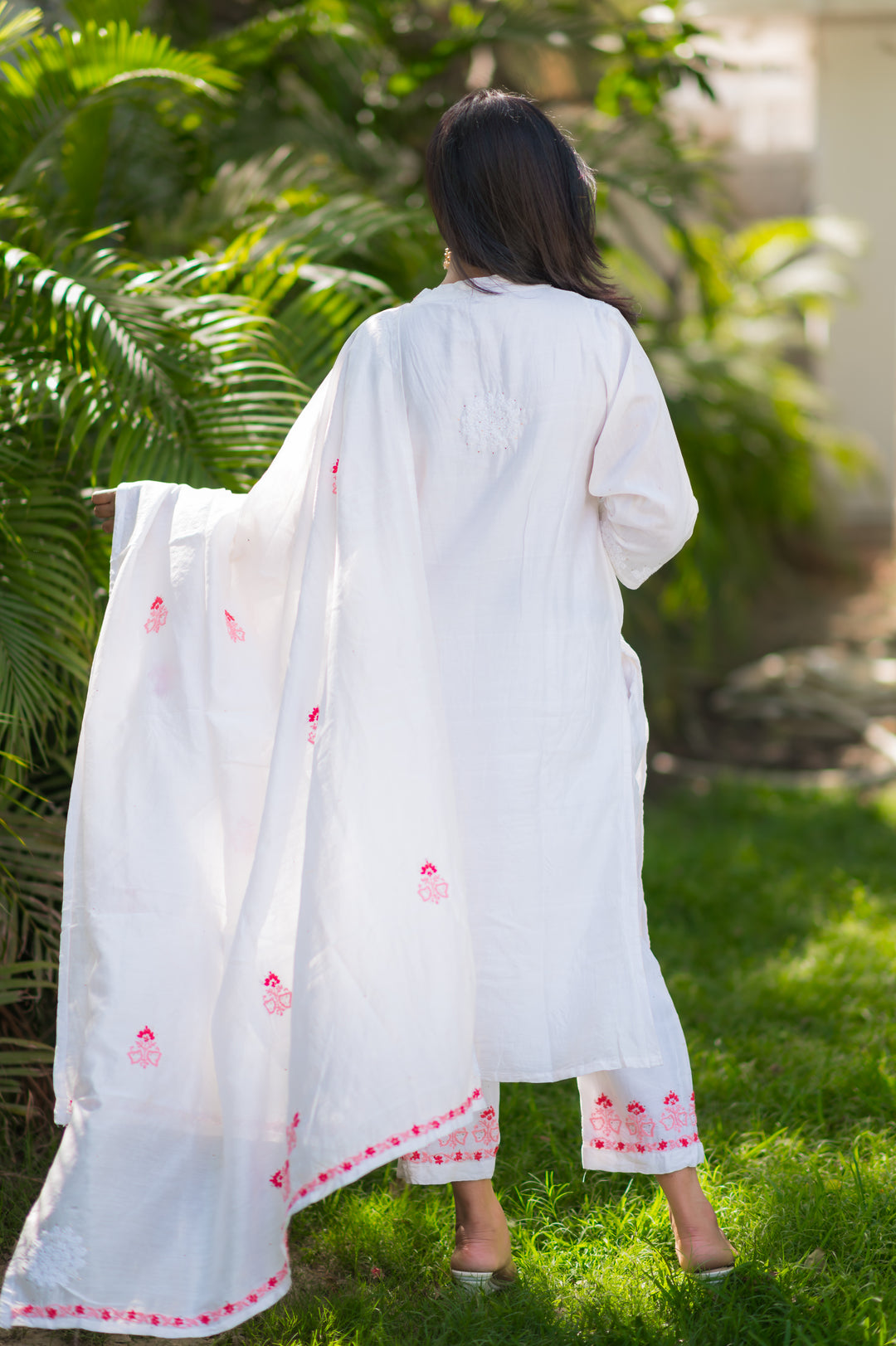 White Chanderi Chikankari Suit Set -Custom Made