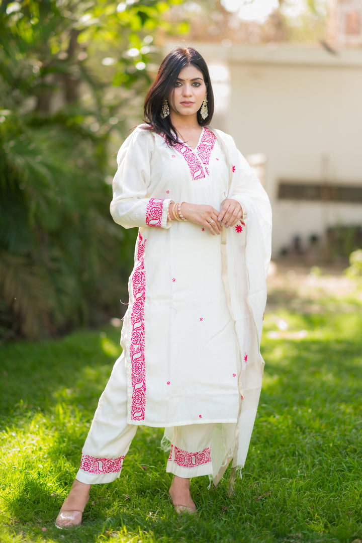 Off White Chanderi Chikankari Suit Set -Custom Made