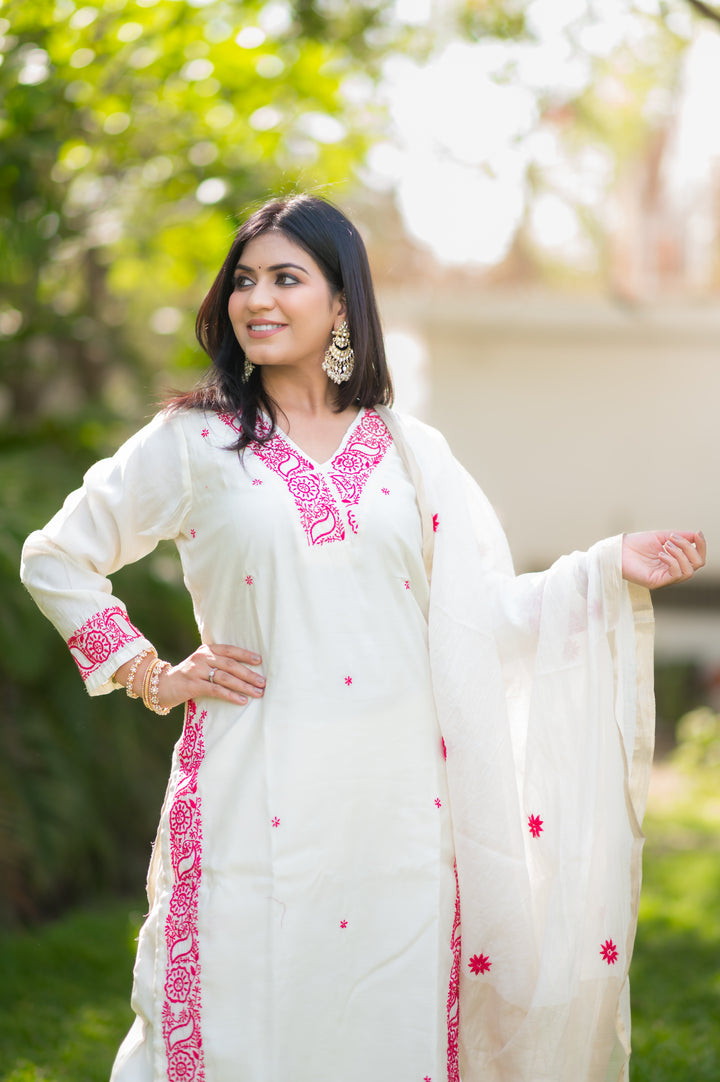 Off White Chanderi Chikankari Suit Set -Custom Made