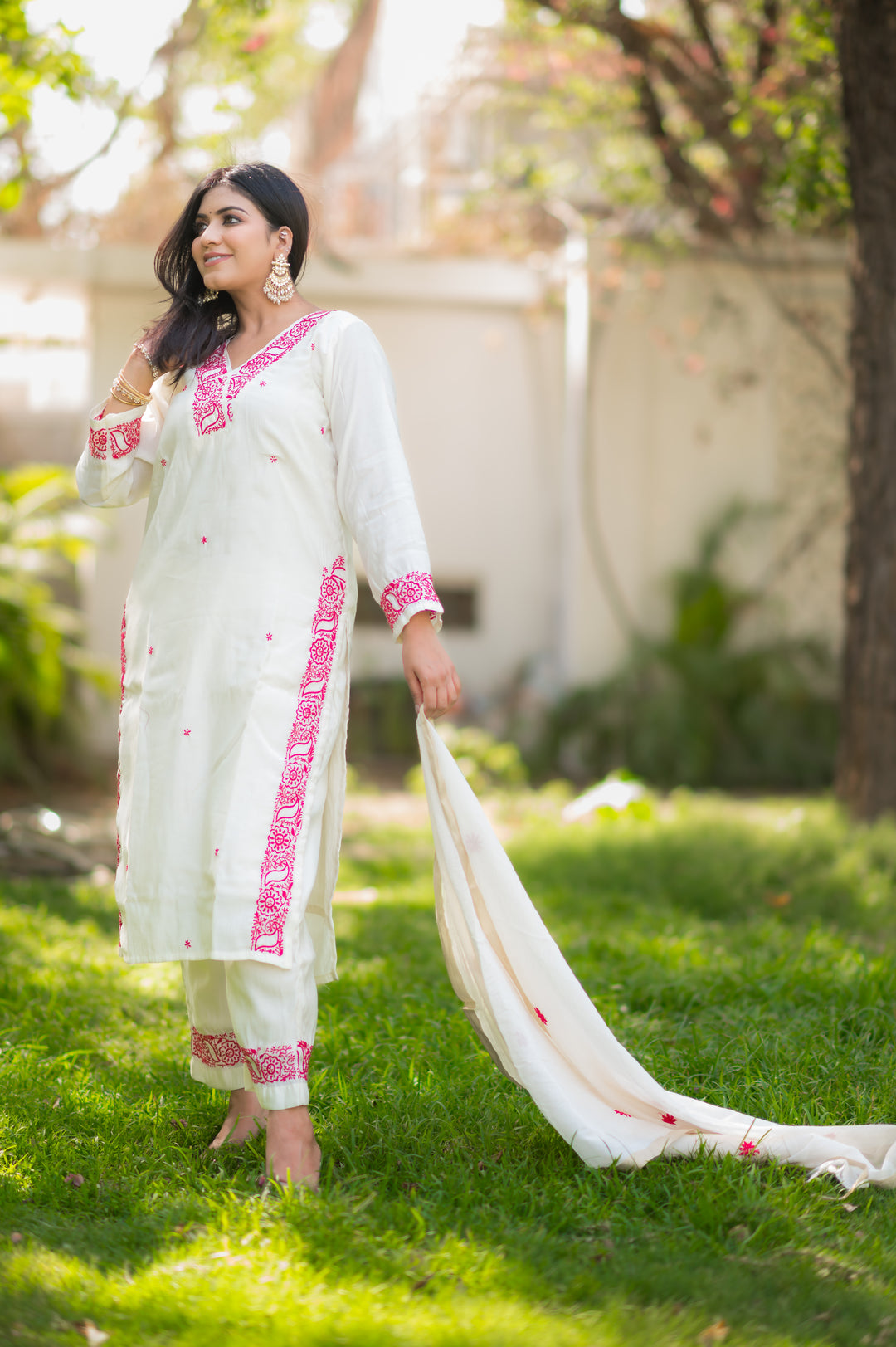Off White Chanderi Chikankari Suit Set -Custom Made
