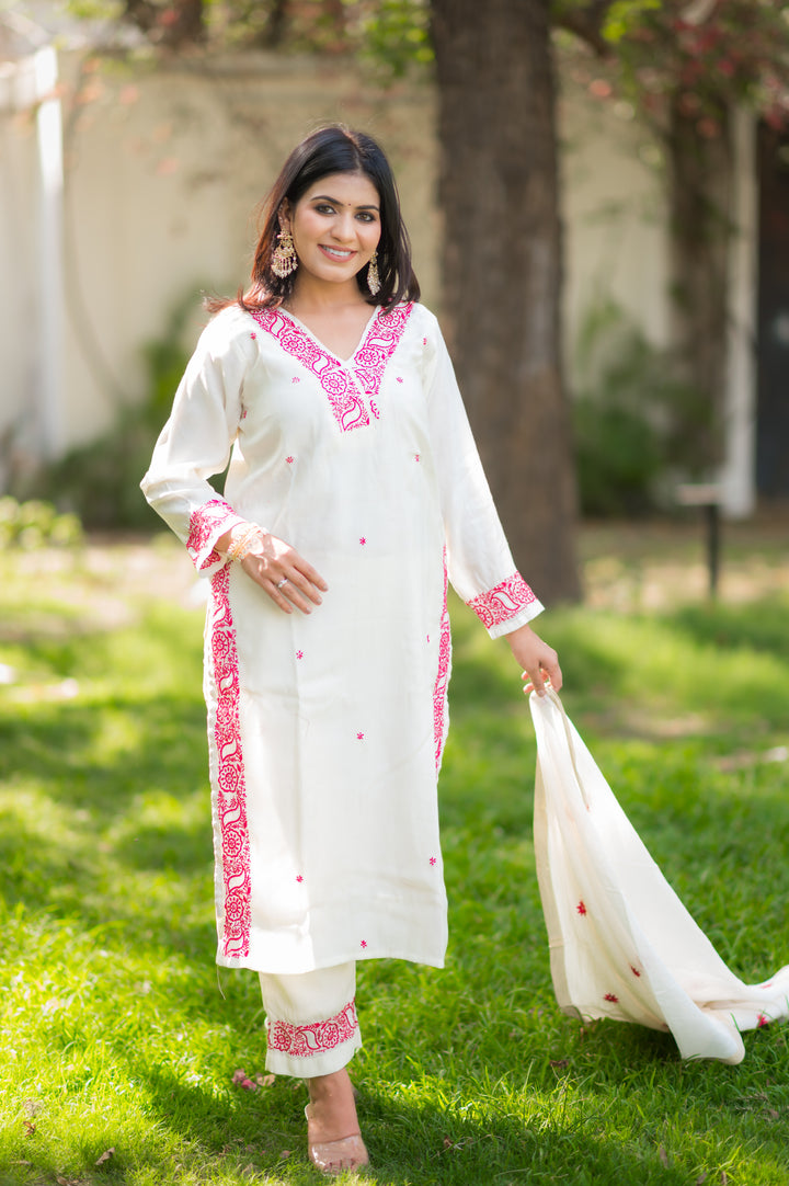 Off White Chanderi Chikankari Suit Set -Custom Made