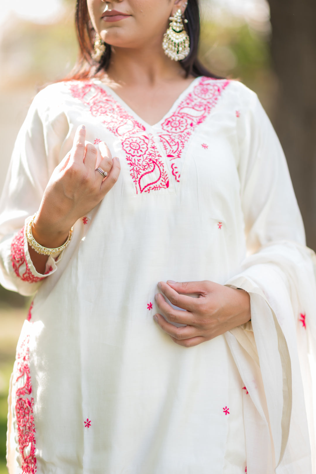 Off White Chanderi Chikankari Suit Set -Custom Made