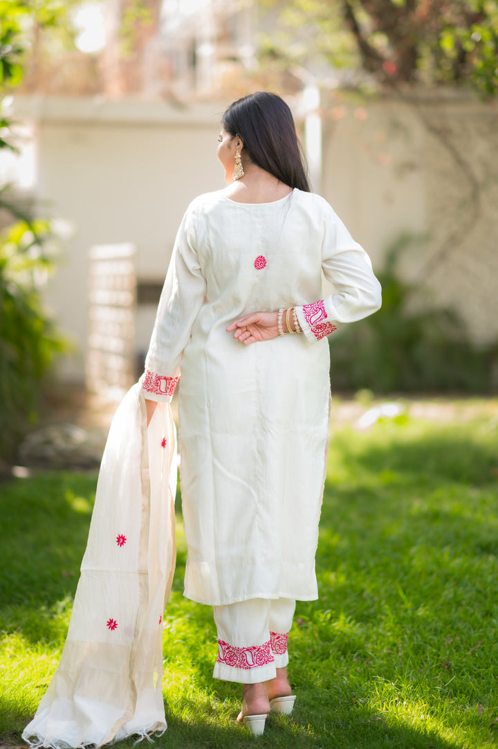 Off White Chanderi Chikankari Suit Set -Custom Made