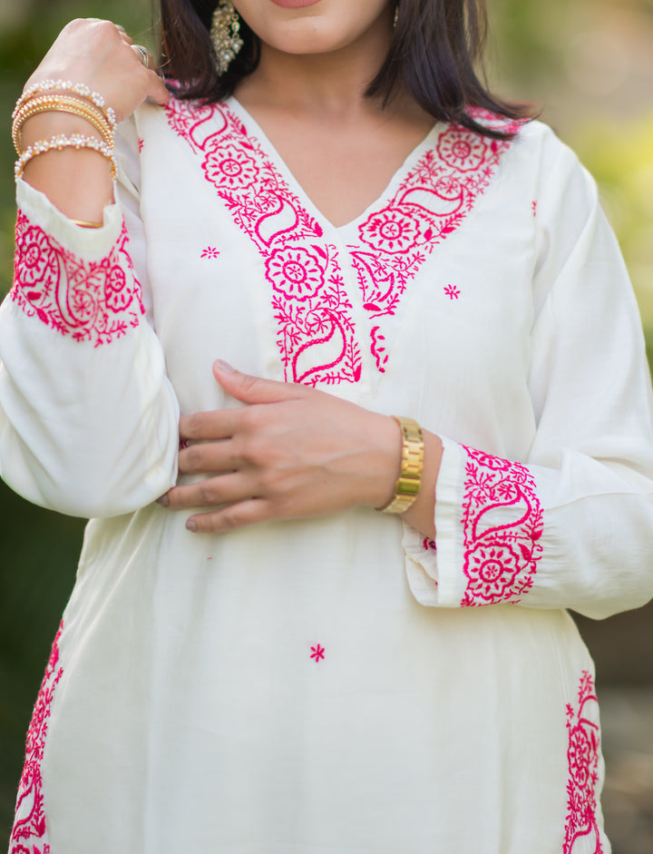 Off White Chanderi Chikankari Suit Set -Custom Made