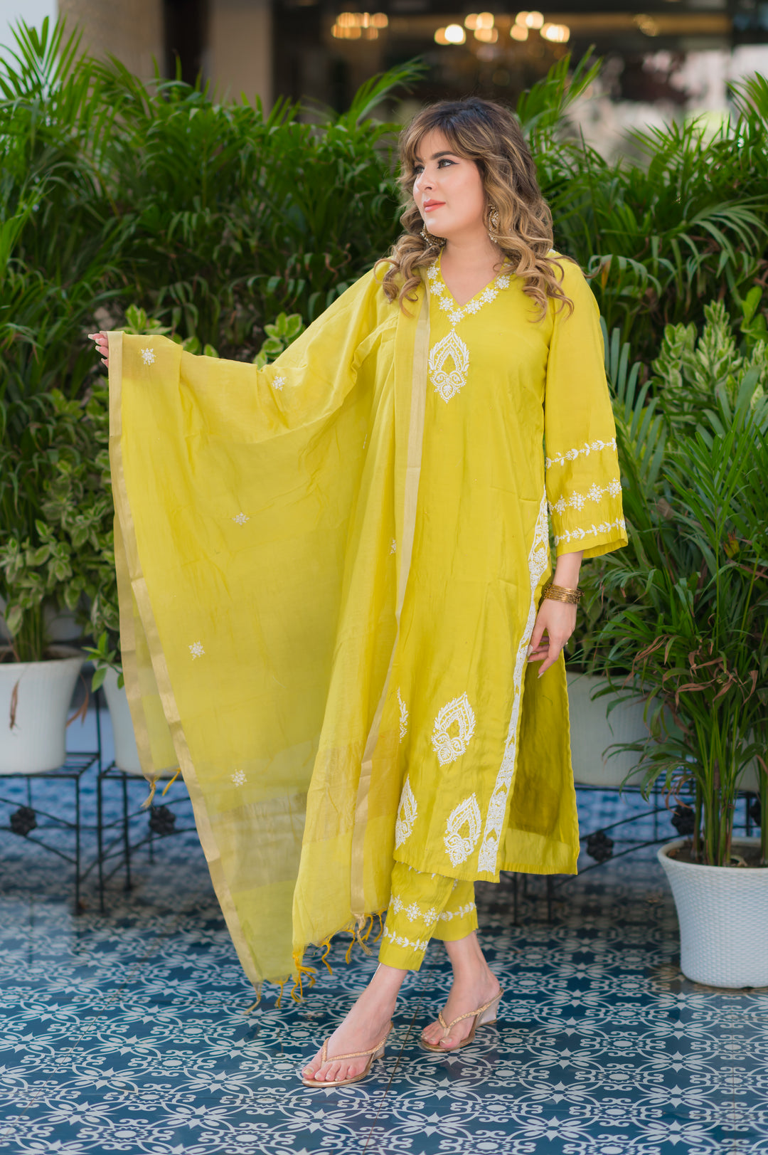 Lemon Green Chanderi Chikankari Suit Set -Custom Made