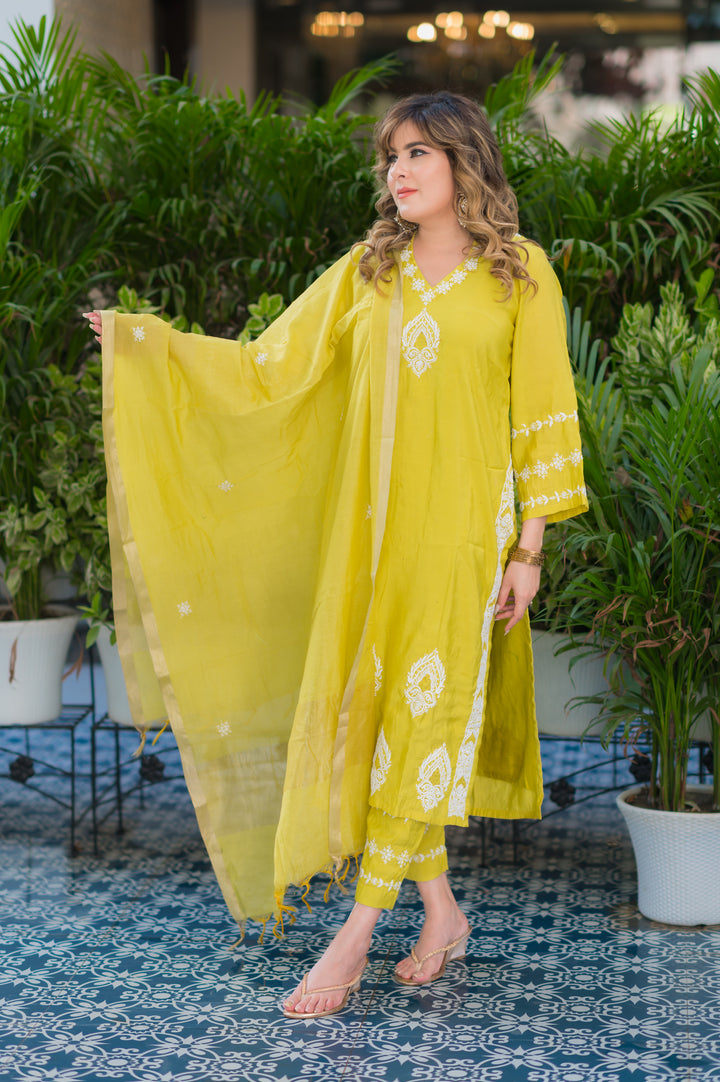 Lemon Green Chanderi Chikankari Suit Set -Custom Made