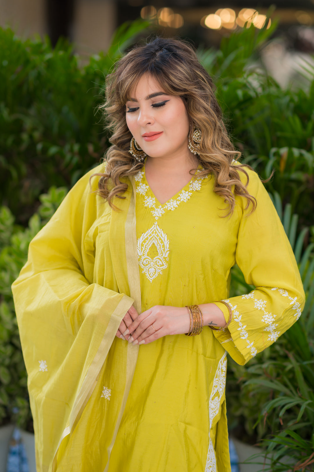 Lemon Green Chanderi Chikankari Suit Set -Custom Made