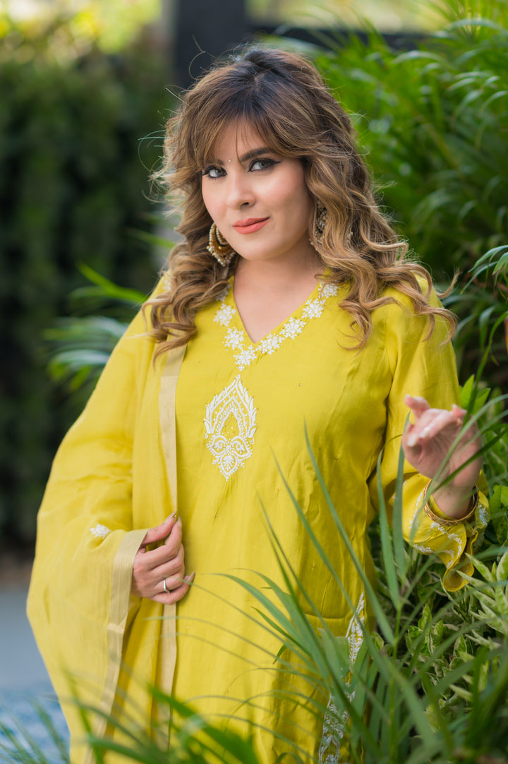 Lemon Green Chanderi Chikankari Suit Set -Custom Made