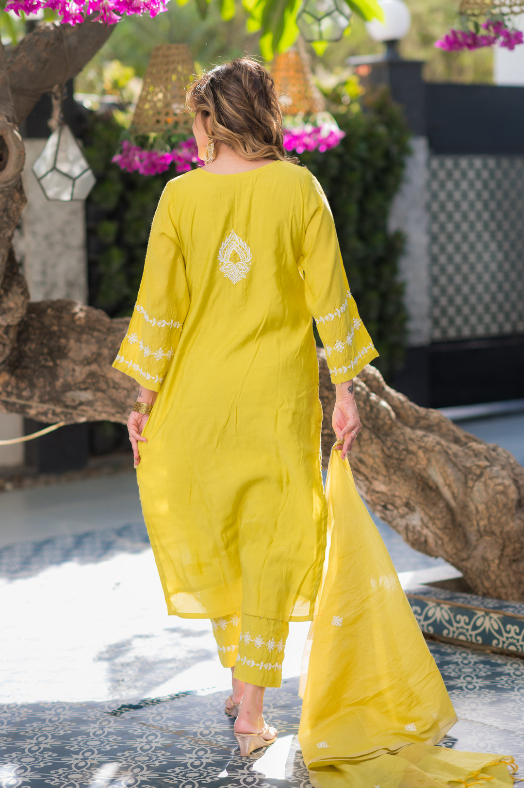 Lemon Green Chanderi Chikankari Suit Set -Custom Made