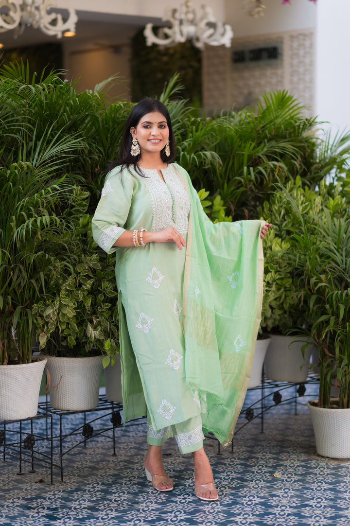 Sea Green Chanderi Chikankari Suit Set -Cuatom Made