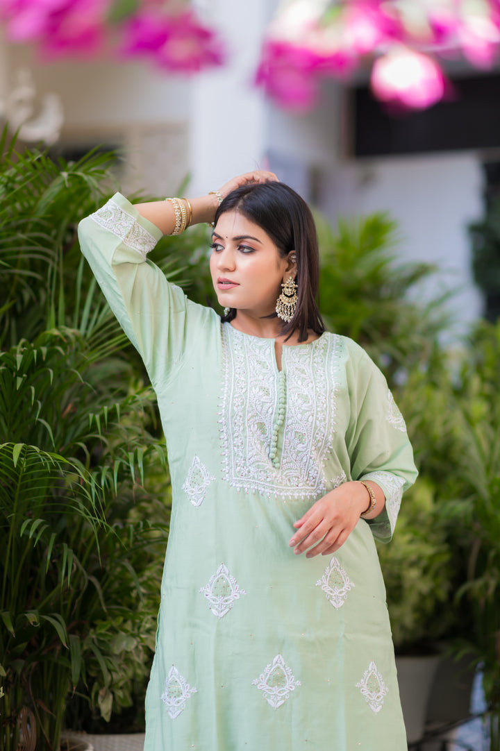 Sea Green Chanderi Chikankari Suit Set -Cuatom Made