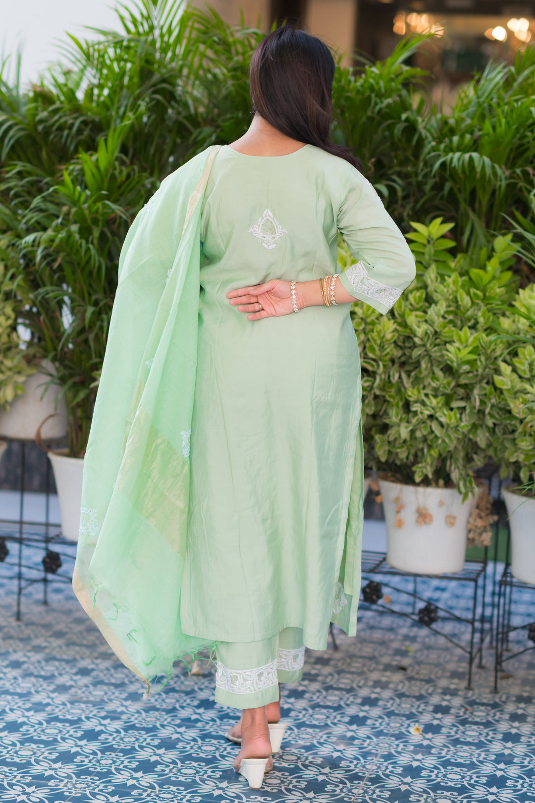 Sea Green Chanderi Chikankari Suit Set -Cuatom Made
