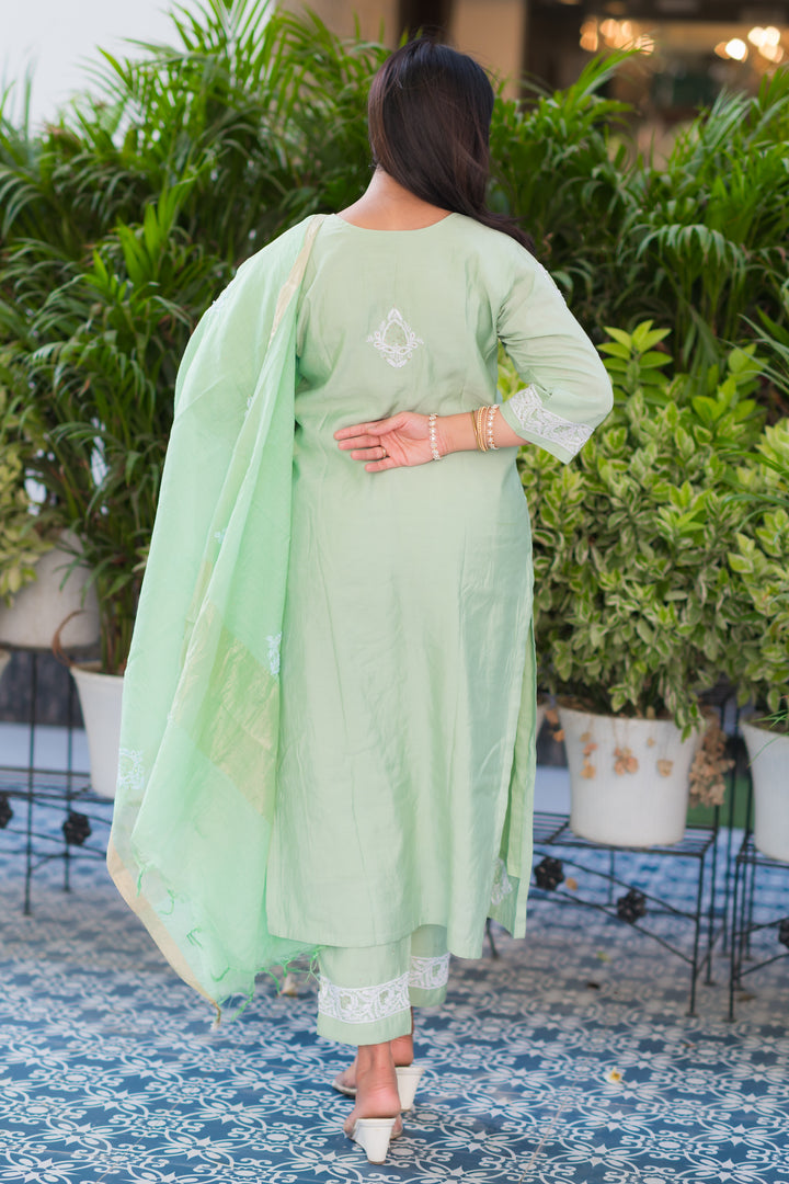Sea Green Chanderi Chikankari Suit Set -Cuatom Made