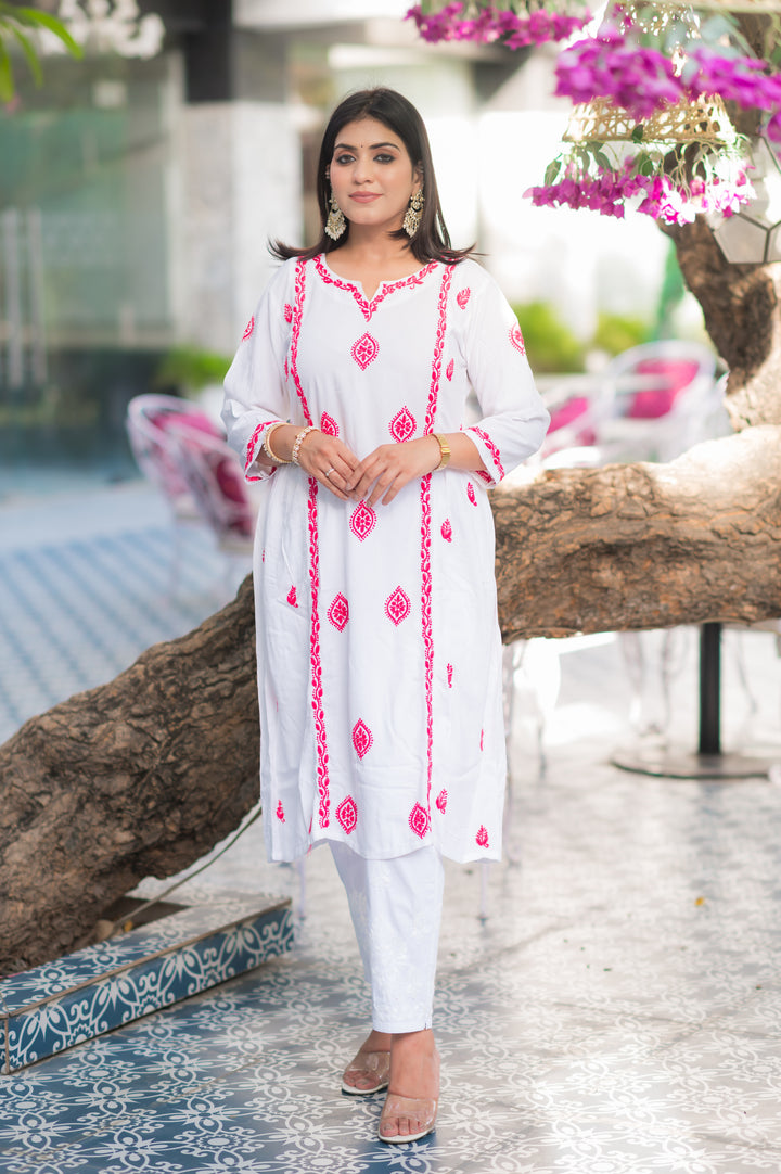 White Rayon A-line Chikankari Kurta- Custom Made
