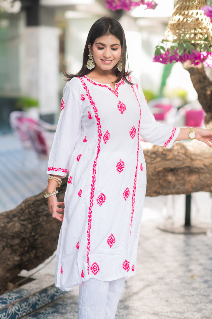 White Rayon A-line Chikankari Kurta- Custom Made