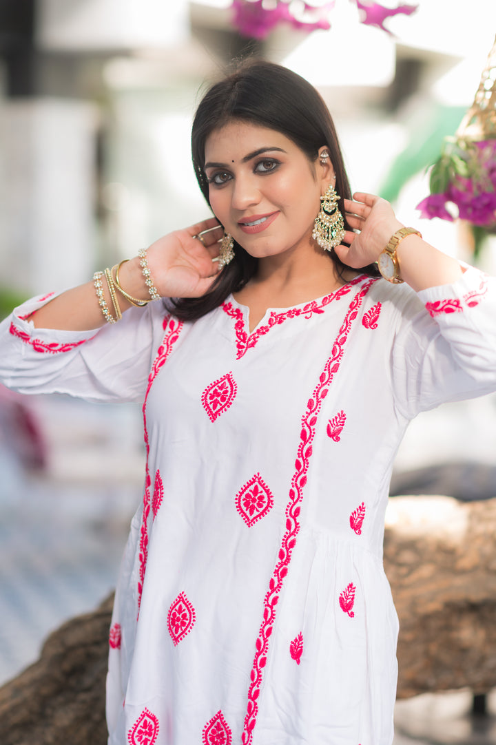 White Rayon A-line Chikankari Kurta- Custom Made