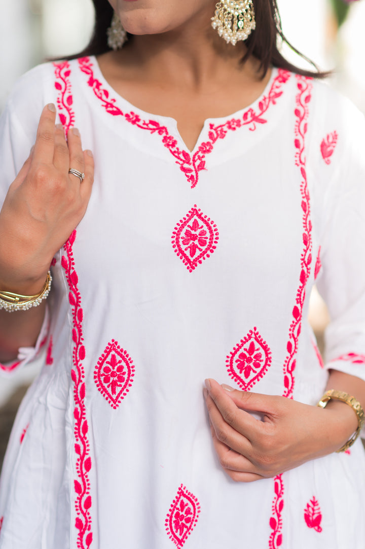 White Rayon A-line Chikankari Kurta- Custom Made