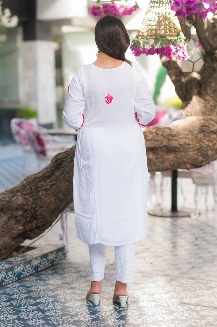 White Rayon A-line Chikankari Kurta- Custom Made