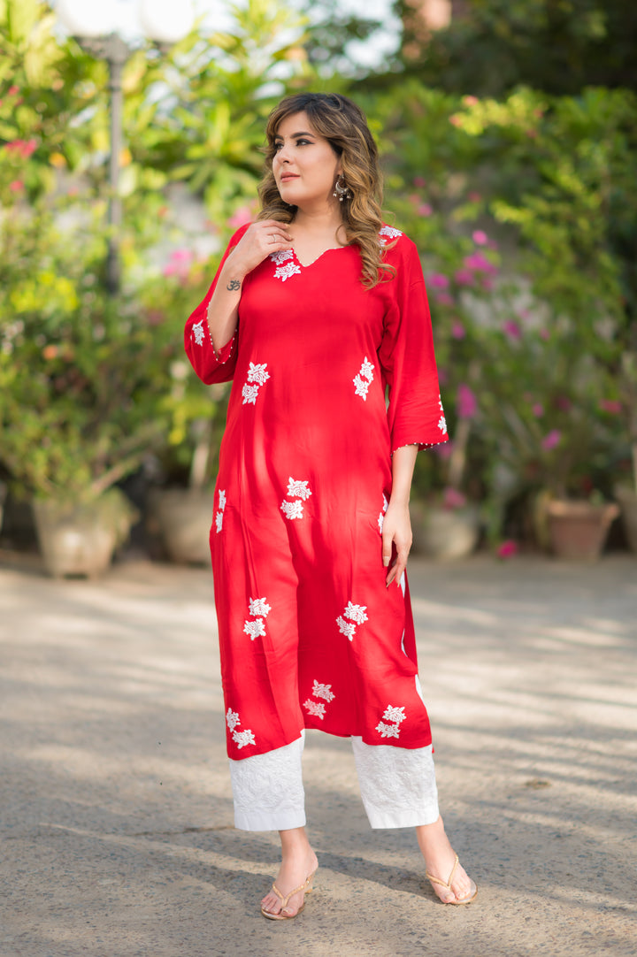 Red Rayon Chikankari Kurta -Custom Made