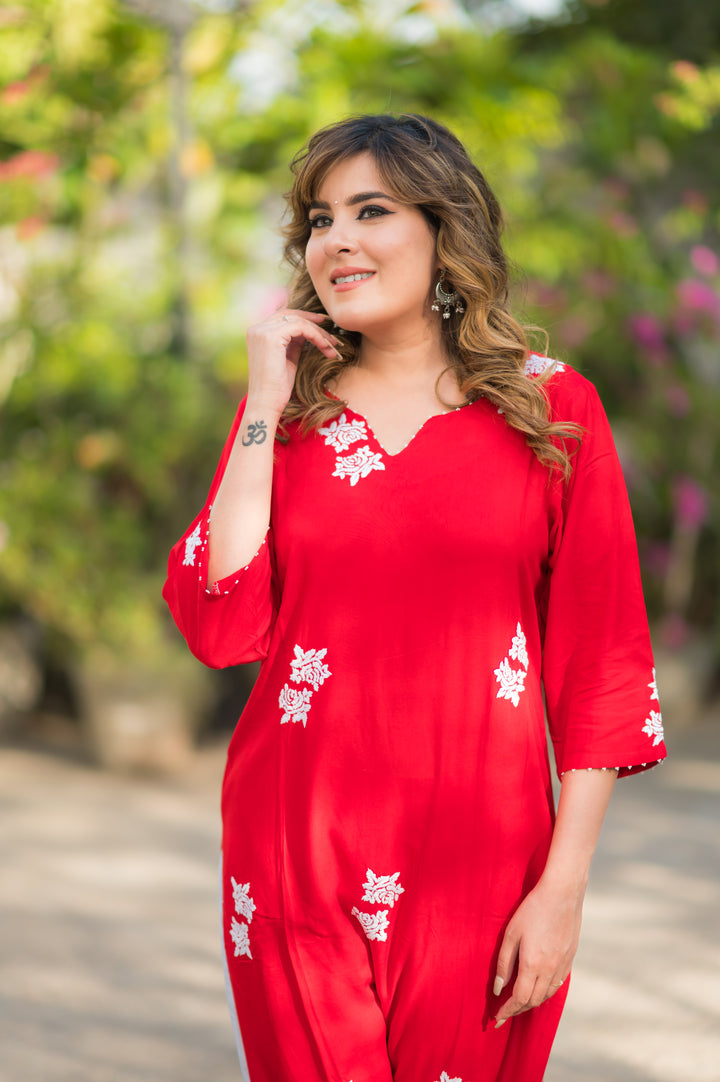 Red Rayon Chikankari Kurta -Custom Made