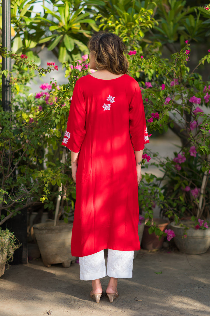 Red Rayon Chikankari Kurta -Custom Made