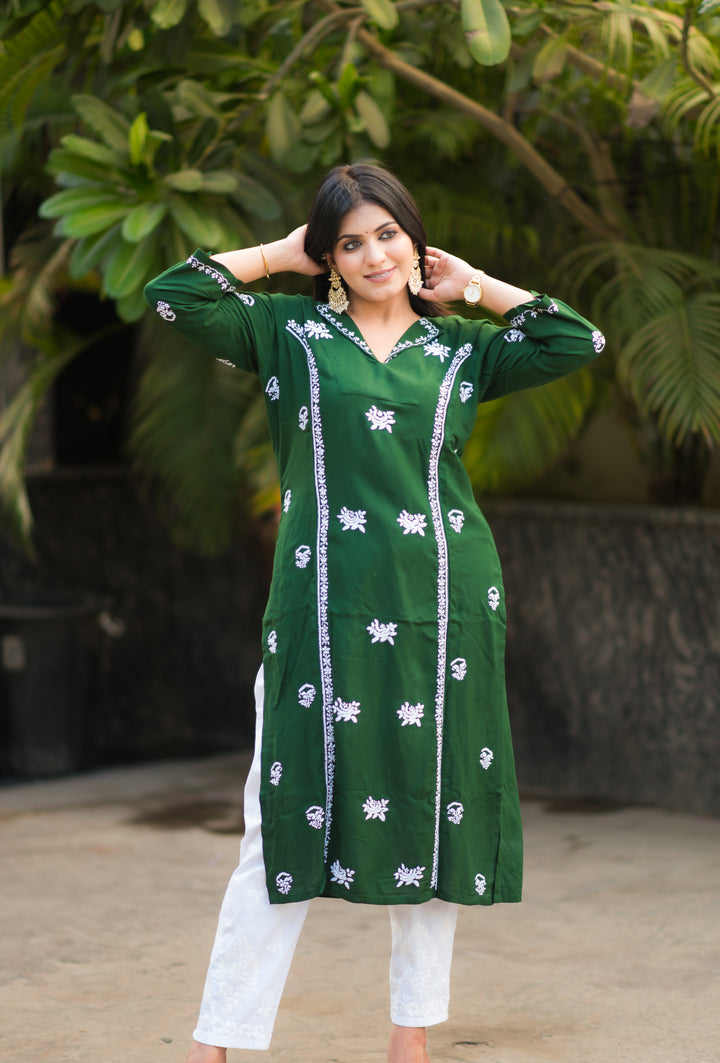 Mehndi Green Rayon Chikankari kurta