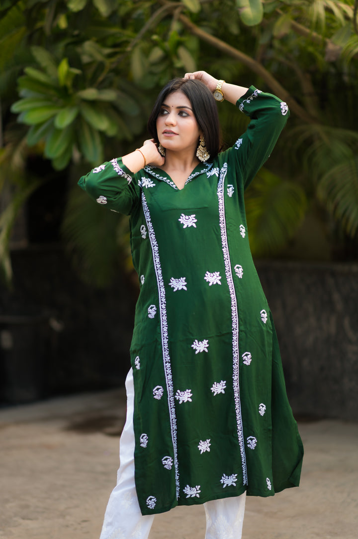 Mehndi Green Rayon Chikankari kurta