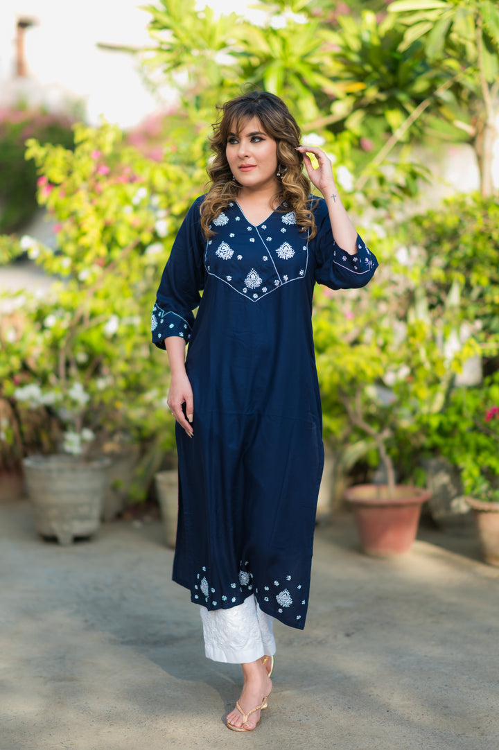 Navy Blue Rayon Chikankari Kurta