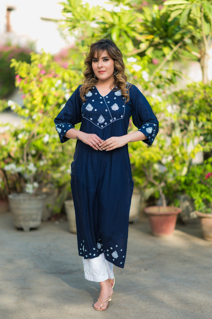 Navy Blue Rayon Chikankari Kurta