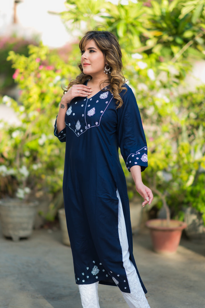Navy Blue Rayon Chikankari Kurta