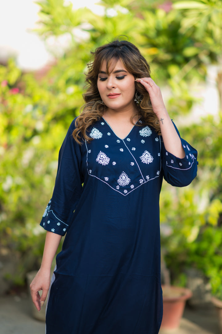 Navy Blue Rayon Chikankari Kurta