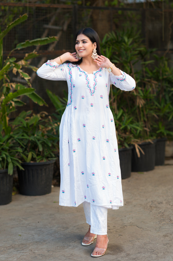 White Rayon A-Line Chikankari Kurta -Custom Made