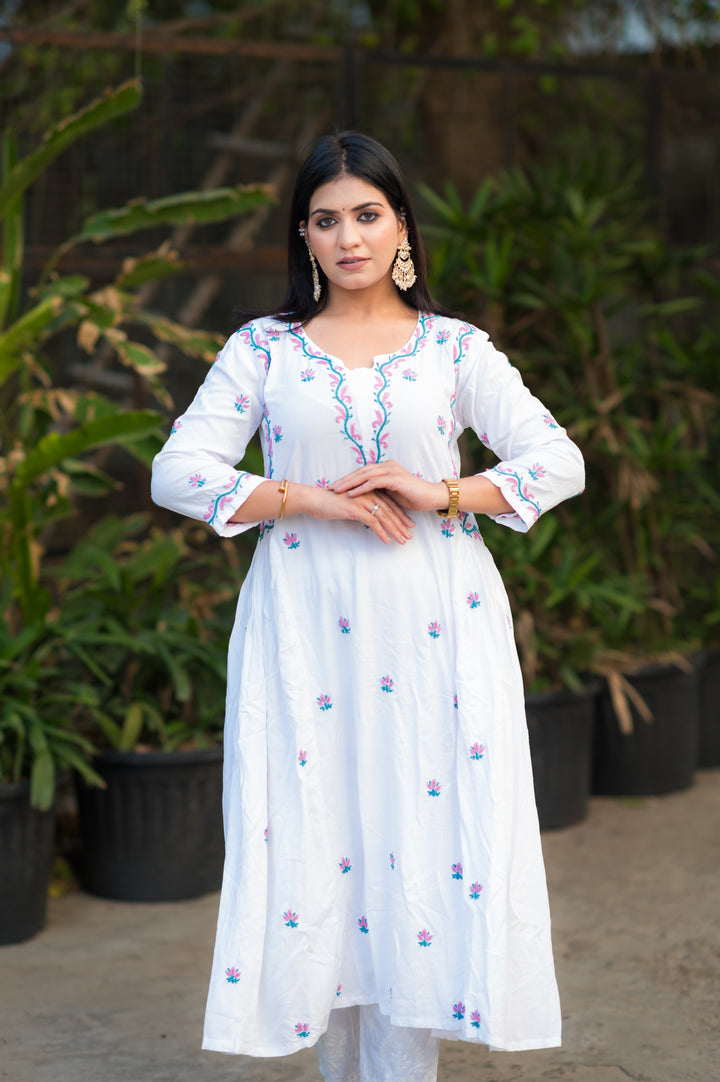 White Rayon A-Line Chikankari Kurta -Custom Made